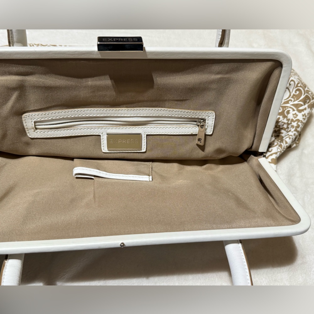 Express White & Light Brown Paisley Fabric Oversized Satchel Bag. Express clasp - Picture 14 of 15